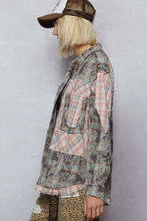 POL Plaid Patchwork Long Sleeve Shirt with Raw Edge Detail OutfitFlow
